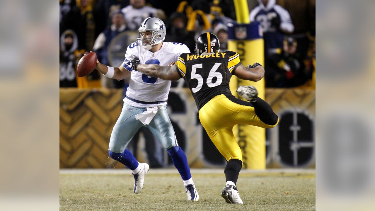 Steelers linebacker, LaMarr Woodley, tackles Dallas Cowboys QB Tony Romo.