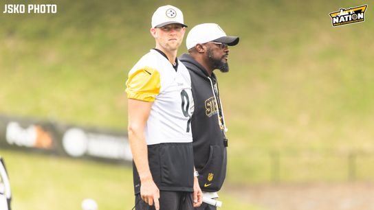 Steelers kicker Chris Boswell (9) standing with Head Coach Mike Tomlin during training camp in Latrobe, PA.