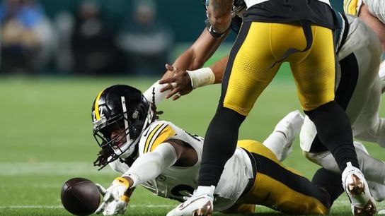 Steelers' Najee Harris fumbles the football against the Eagles. Steelers' Najee Harris fumbles the football against the Eagles.