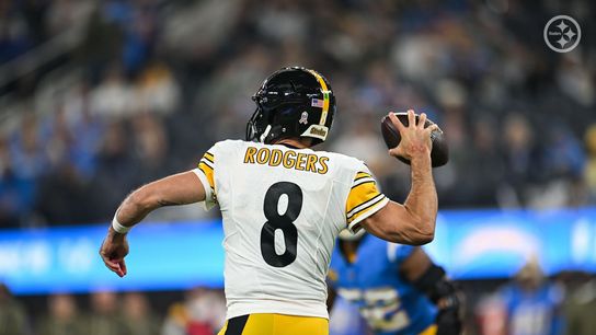 Steelers quarterback Aaron Rodgers prepares to throw downfield during Pittsburgh's 25-10 loss vs the Los Angeles Chargers in Week 10 of the 2025 NFL Season.