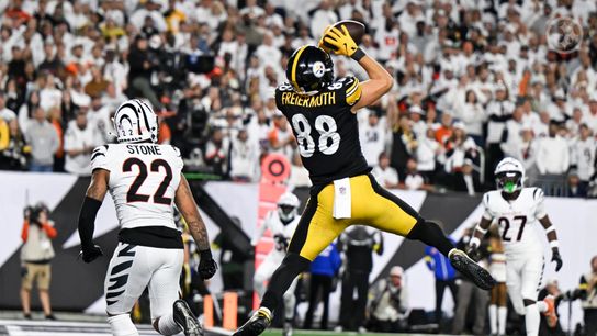 Steelers tight end Pat Freiermuth makes a touchdown catch during Pittsburgh's 33-31 loss to the Cincinnati Bengals win Week 7 of the 2025 NFL Regular Season. Steelers tight end Pat Freiermuth makes a touchdown catch during Pittsburgh's 33-31 loss to the Cincinnati Bengals win Week 7 of the 2025 NFL Regular Season.