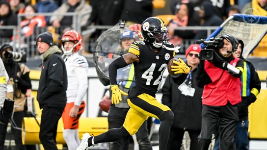 Steelers cornerback James Pierre runs to the endzone after scooping up a fumble during Pittsburgh's 34-12 win over the Cincinnati Bengals in Week 11 of the 2025 NFL Season. Steelers cornerback James Pierre runs to the endzone after scooping up a fumble during Pittsburgh's 34-12 win over the Cincinnati Bengals in Week 11 of the 2025 NFL Season.