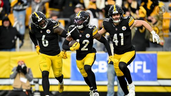 Steelers defenders Patrick Queen (6), James Pierre (42), and Payton Wilson (41) celebrate during Pittsburgh's 34-12 win over the Cincinnati Bengals in Week 11 of the 2025 NFL Regular Season.