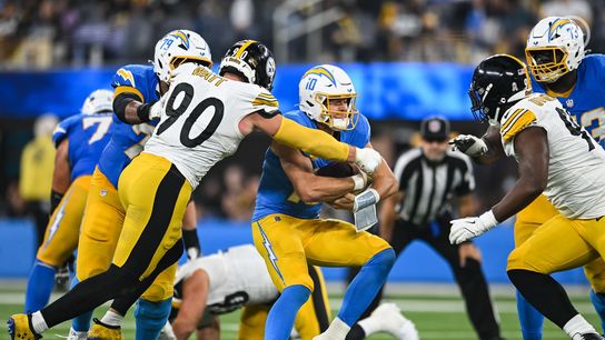 Steelers linebacker TJ Watt sacks quarterback Justin Herbert during Pittsburgh's 25-10 loss to the Los Angeles Chargers in Week 10 of the 2025 NFL Season. Steelers linebacker TJ Watt sacks quarterback Justin Herbert during Pittsburgh's 25-10 loss to the Los Angeles Chargers in Week 10 of the 2025 NFL Season.