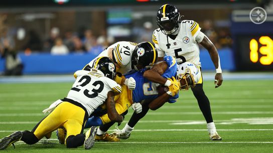 Darius Slay and TJ Watt combined for a tackle during the Steelers' 25-10 loss to the Los Angeles Chargers in Week 10 of the 2025 NFL Season.