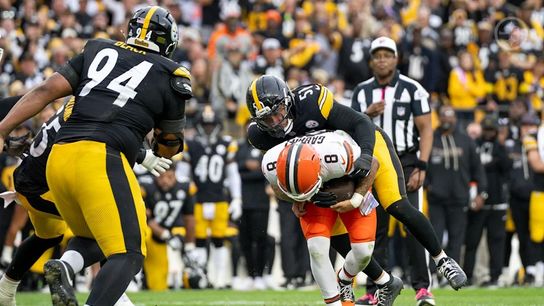 Steelers linebacker Nick Herbig (51) sacks Browns quarterback Dillon Gabriel (8) in a regular season game against the Cleveland Browns in Acrisure Stadium. Steelers linebacker Nick Herbig (51) sacks Browns quarterback Dillon Gabriel (8) in a regular season game against the Cleveland Browns in Acrisure Stadium.