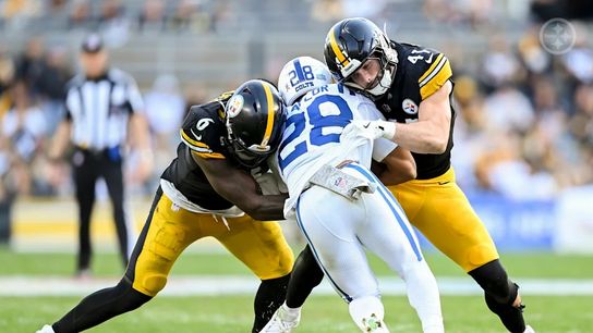 Steelers middle linebackers Patrick Queen (6) and Payton Wilson (41) combine on a tackle against Colts running back Johnathan Taylor (28) in Week 9 of the 2025 regular season at Acrisure Stadium in Pittsburgh, PA. Steelers middle linebackers Patrick Queen (6) and Payton Wilson (41) combine on a tackle against Colts running back Johnathan Taylor (28) in Week 9 of the 2025 regular season at Acrisure Stadium in Pittsburgh, PA.