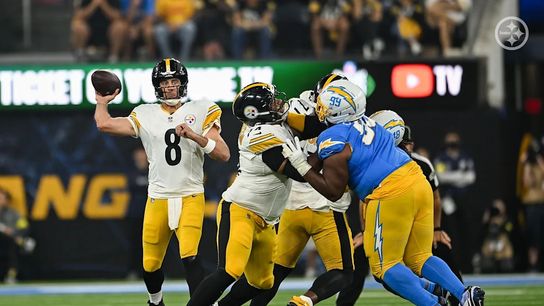 Steelers quarterback Aaron Rodgers (8) during a regular season matchup between the Pittsburgh Steelers and Los Angeles Chargers. Steelers quarterback Aaron Rodgers (8) during a regular season matchup between the Pittsburgh Steelers and Los Angeles Chargers.