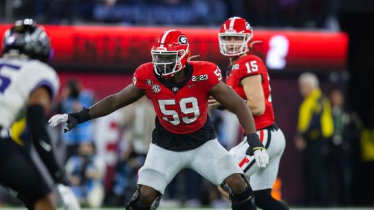 Broderick Jones playing left tackle for the University of Georgia during their blowout victory against TCU in the 2023 College Football Playoff National Championship Game Broderick Jones playing left tackle for the University of Georgia during their blowout victory against TCU in the 2023 College Football Playoff National Championship Game