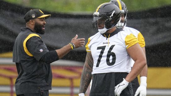 Pittsburgh Steelers Offensive Tackle Troy Fautanu Listening to Assistant Offensive Line Coach Isaac Williams During Steelers OTS's As They Prepare For The 2025 Season Pittsburgh Steelers Offensive Tackle Troy Fautanu Listening to Assistant Offensive Line Coach Isaac Williams During Steelers OTS's As They Prepare For The 2025 Season