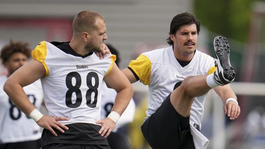 Steelers Mason Rudolph and Pat Freiermuth warm up before an OTA practice during the week of June 2, 2025. Steelers Mason Rudolph and Pat Freiermuth warm up before an OTA practice during the week of June 2, 2025.