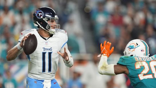 Former Titans quarterback Mason Rudolph evades a sack during a ame against the Miami Dolphins on Monday Night Football on Septermber 30, 2024. Former Titans quarterback Mason Rudolph evades a sack during a ame against the Miami Dolphins on Monday Night Football on Septermber 30, 2024.