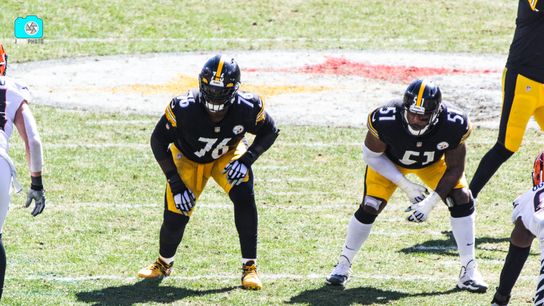 Steelers Left Tackle Chukwuma Okorafor (#76) is up for the position battle in 2023 Steelers Chukwuma Okorafor Trai Turner