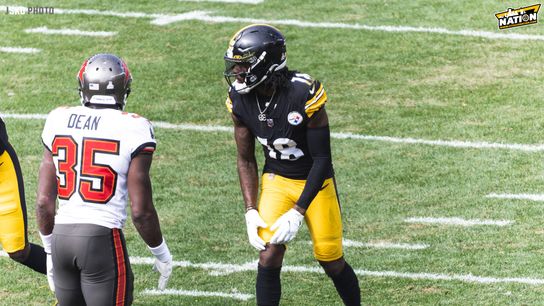 Steelers wide receiver, Diontae Johnson (#18) gets ready for the snap up at the line of scrimmage during a 2022 bout with the Tampa Bay Buccaneers at Acrisure Stadium in Pittsburgh, PA. | Photo Credit: Jordan Schofield Steeler Nation / (JSKO_PHOTO Twitter)