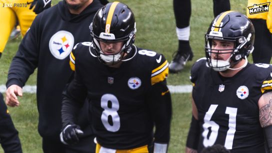 Steelers quarterback Kenny Pickett (#8) and center Mason Cole (#61) look in sync during their 2023 preseason Steelers quarterback Kenny Pickett (#8) and center Mason Cole (#61) look in sync during their 2023 preseason