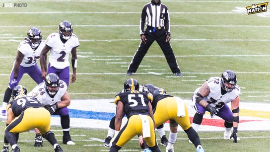 Baltimore Ravens QB Tyler Huntley (2) lines up against Myles Jack (51) and the Pittsburgh Steelers defense in a 2022 regular season game at Acrisure Stadium in Pittsburgh, PA. Steelers Tyler Huntley