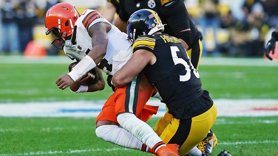 Steelers' rivals Cleveland Browns quarterback Deshaun Watson (4) is sacked by Pittsburgh Steelers linebacker Alex Highsmith (56) Steelers' rivals Cleveland Browns quarterback Deshaun Watson (4) is sacked by Pittsburgh Steelers linebacker Alex Highsmith (56)
