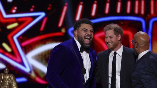 Steelers Cam Heyward laughing with Prince Harry after winning the 2023 Walter Payton Man of the Year Award during the NFL Honors Ceremony Steelers Cam Heyward laughing with Prince Harry after winning the 2023 Walter Payton Man of the Year Award during the NFL Honors Ceremony