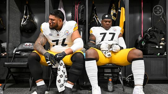 Troy Fautanu (76) and Broderick Jones (77) prior to the week 1 game against the Atlanta Falcons, September 8, 2024 Steelers' Troy Fautanu and Broderick Jones