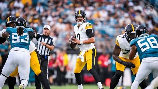 Broderick Jones (77) blocks for Mason Rudolph (2) in a preseason game against the Jacksonville Jaguars, August 9, 2025 Steelers' Mason Rudolph
