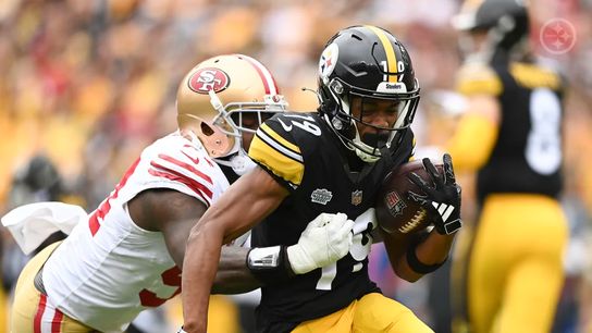 Steelers' Calvin Austin III making a catch during his NFL debut against the San Francisco 49ers. Steelers' Calvin Austin III making a catch during his NFL debut against the San Francisco 49ers.