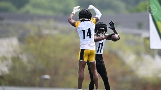 Steelers' wideouts George Pickens and Van Jefferson celebrating a nice play at training camp. Steelers George Pickens