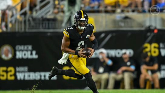 Steelers' Justin Fields during a pass play in a preseason game. Steelers' Justin Fields during a pass play in a preseason game.