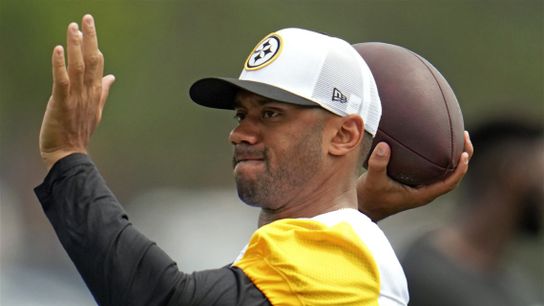 Steelers' quarterback Russell Wilson on the practice field without a helmet as he works through a minor calf injury. Steelers' quarterback Russell Wilson