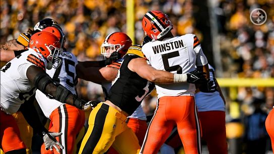 Pittsburgh Steelers' OLB Alex Highsmith making a hit on Cleveland Browns' QB Jameis Winston in 2024. Pittsburgh Steelers' OLB Alex Highsmith making a hit on Cleveland Browns' QB Jameis Winston in 2024.