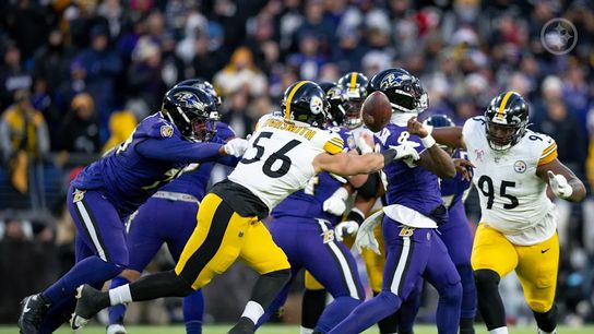 Pittsburgh Steelers' OLB Alex Highsmith forcing a fumble on Lamar Jackson in 2024.