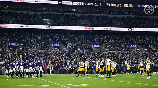 The Pittsburgh Steelers' defense in the first quarter against the Baltimore Ravens in the 2024 Wild Card round. The Pittsburgh Steelers' defense in the first quarter against the Baltimore Ravens in the 2024 Wild Card round.