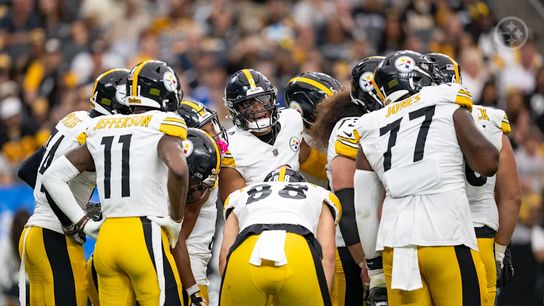 Steelers offense in the huddle with QB Justin Fields leading charge against the Raiders in Week 6 of 2024. Steelers offense in the huddle with QB Justin Fields leading charge against the Raiders in Week 6 of 2024.
