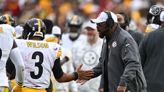 Pittsburgh Steelers' Head Coach Mike Tomlin and QB Russell Wilson during Commanders game in Week 10, 2024. Pittsburgh Steelers' Head Coach Mike Tomlin and QB Russell Wilson during Commanders game in Week 10, 2024.