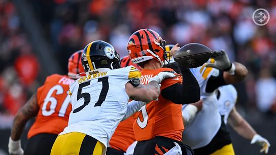 Pittsburgh Steelers' OLB Nick Herbig gets a strip-sack on Joe Burrow as the defense gets a scoop and score against the Cincinnati Bengals in 2024. Pittsburgh Steelers' OLB Nick Herbig gets a strip-sack on Joe Burrow as the defense gets a scoop and score against the Cincinnati Bengals in 2024.