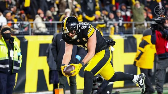 Pittsburgh Steelers' Tight End Pat Freiermuth scoring a touchdown against the Cincinnati Bengals in the 2024 regular season finale. Pittsburgh Steelers' Tight End Pat Freiermuth scoring a touchdown against the Cincinnati Bengals in the 2024 regular season finale.