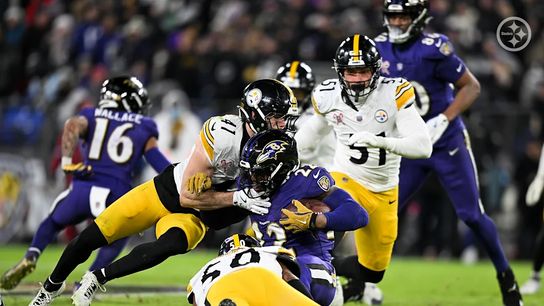 Pittsburgh Steelers' Payton Wilson and Elandon Roberts make a tackle on Ravens' running back Derrick Henry in 2024. Pittsburgh Steelers' Payton Wilson and Elandon Roberts make a tackle on Ravens' running back Derrick Henry in 2024.