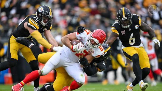 Pittsburgh Steelers' TJ Watt and the defense making a tackle on Chiefs' Travis Kelce on Christmas Day in 2024. Pittsburgh Steelers' TJ Watt and the defense making a tackle on Chiefs' Travis Kelce on Christmas Day in 2024.