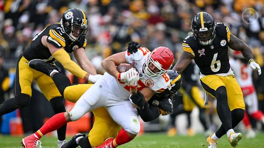 Pittsburgh Steelers' TJ Watt, Patrick Queen, and Larry Ogunjobi making a tackle on Chiefs' tight end Travis Kelce in 2024. Pittsburgh Steelers' TJ Watt, Patrick Queen, and Larry Ogunjobi making a tackle on Chiefs' tight end Travis Kelce in 2024.