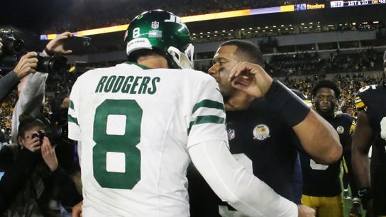 Former Jets QB Aaron Rodgers meets with former Steelers QB Russell Wilson after a regular season game at Acrisure Stadium in Pittsburgh, PA during the 2024 season. Former Jets QB Aaron Rodgers meets with former Steelers QB Russell Wilson after a regular season game at Acrisure Stadium in Pittsburgh, PA during the 2024 season.