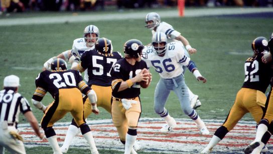 Jan 21, 1979; Miami, FL, USA; Pittsburgh Steelers quarterback Terry Bradshaw (12) in action during Super Bowl XIII against the Dallas Cowboys at the Orange Bowl. Pittsburgh went on and defeated the Cowboys 35-31 and earn their third Super Bowl Championship. Jan 21, 1979; Miami, FL, USA; Pittsburgh Steelers quarterback Terry Bradshaw (12) in action during Super Bowl XIII against the Dallas Cowboys at the Orange Bowl. Pittsburgh went on and defeated the Cowboys 35-31 and earn their third Super Bowl Championship.