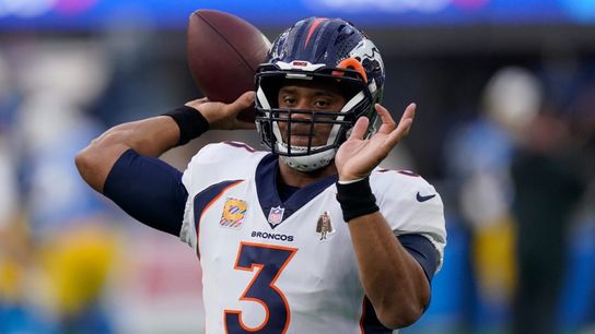 Former Denver Broncos quarterback Russell Wilson (3) warms up prior to an NFL football game against the Los Angeles Chargers, Monday, Oct. 17, 2022, in Inglewood, Calif. Steelers' Russell Wilson