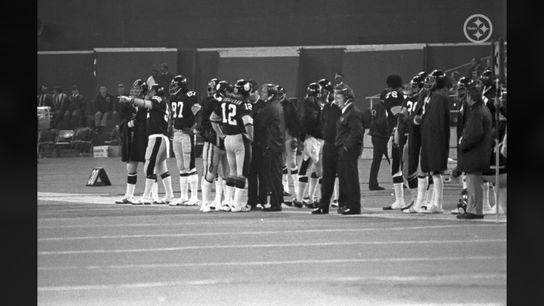 Steelers Terry Bradshaw During Timeout With Chuck Noll Week 7, 1974 Against the Atlanta Falcons Steelers Terry Bradshaw During Timeout With Chuck Noll Week 7, 1974 Against the Atlanta Falcons