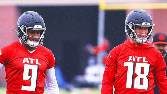 Falcons' quarterbacks Michael Penix Jr. and Kirk Cousins during practice Falcons' quarterbacks Michael Penix Jr. and Kirk Cousins during practice