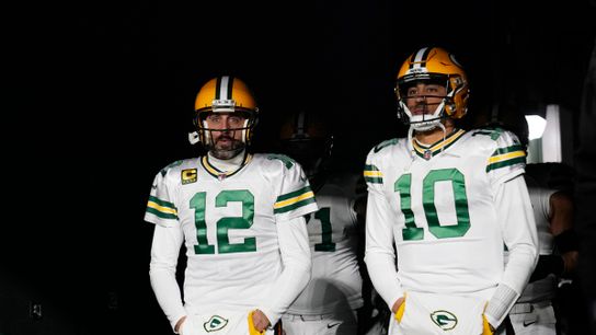 Green Bay Packers quarterback Jordan Love and potential Steelers' quarterback Aaron Rodgers before a game Green Bay Packers quarterback Jordan Love and potential Steelers' quarterback Aaron Rodgers before a game