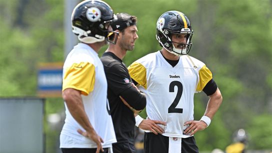 Steelers' QBs Aaron Rodgers (left) and Mason Rudolph (right) at 2025 mandatory mini camp in June 2025. Steelers' QBs Aaron Rodgers (left) and Mason Rudolph (right) at 2025 mandatory mini camp in June 2025.